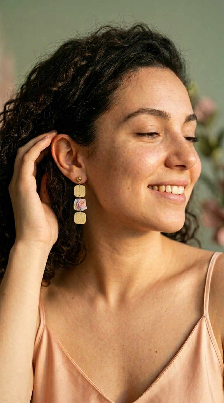 Model wearing delicate handmade pink earrings